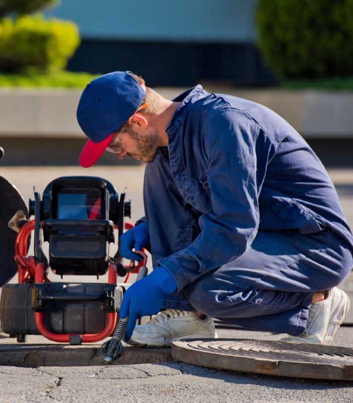 Débouchage canalisation professionnel – C9 Services Technicien effectuant un débouchage de canalisation avec une machine d’inspection