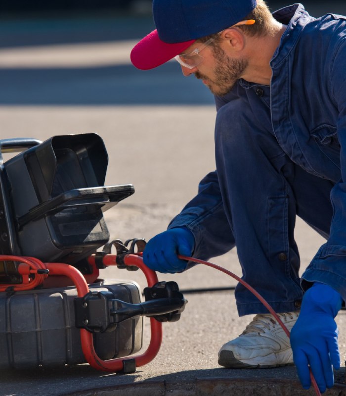 Inspection et débouchage de canalisation – C9 Services Opérateur inspectant une canalisation avec une caméra vidéo avant un curage